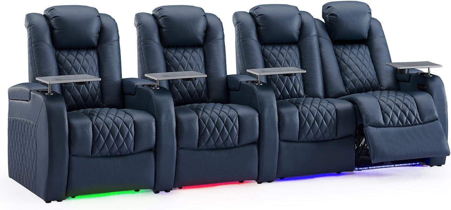 Weilianda Home Theater Seating Top Grain Leather Zero Gravity Recliner Chair Power Headrest Recline Movie Seat Gaming 7 Colors Mood Light Sofa with Tray Table USB Charge Row of 4 Loveseat Right Blue