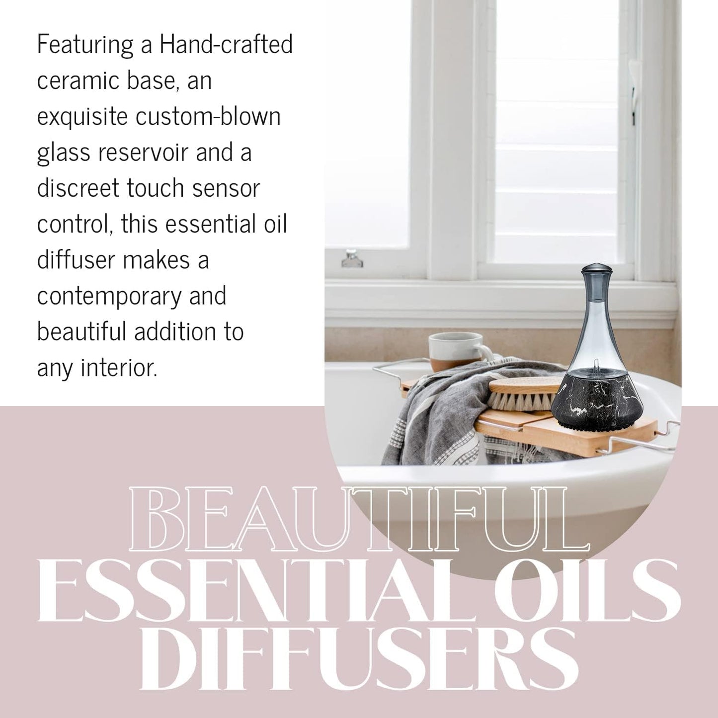 Opulence - Nebulizing Diffuser for Essential Oil/Aromatherapy with Black Marble Ceramic Base and Black Hand-Blown Glass with Touch Sensor Light Switch - No Heat, No Water, No Plastic Product Name