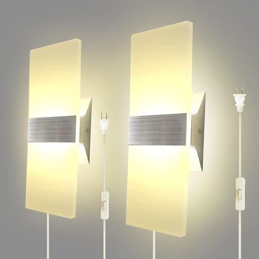 KICAAO Wall Sconces, Modern Wall Sconce Plug in 10W 6000K Cool White Acrylic Wall Lights with 6FT/180cm Plug in Cord and On/Off Switch on The Cord (Warm White 2700K 2Pack)