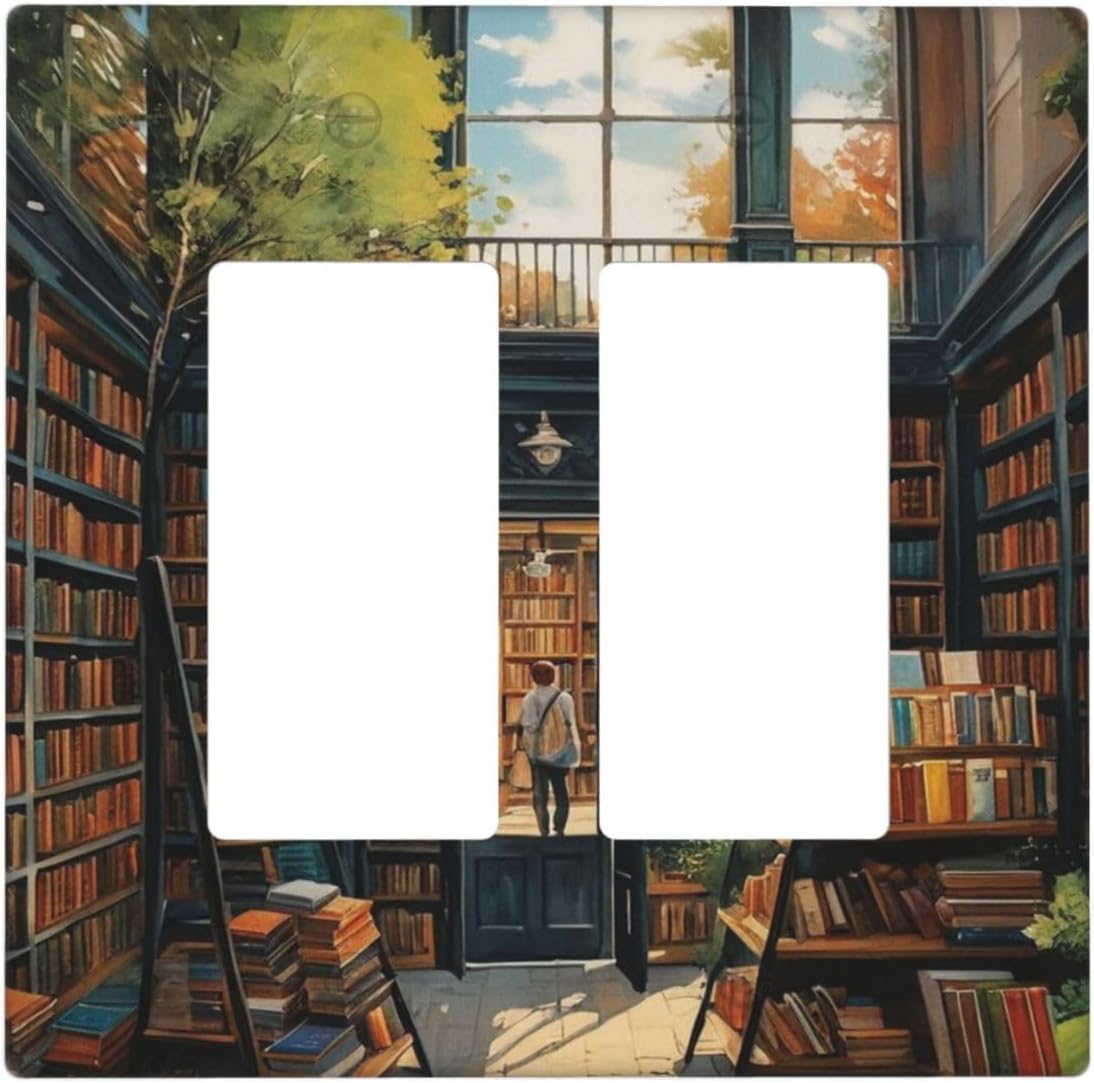 Library With A Lot Of Books Dual Outlet Covers Wall Plate 2 Gang Rocker Decora Decorative Switchplate Electrical Faceplate GFCI Light Switch Covers for Farmhouse Living Decor