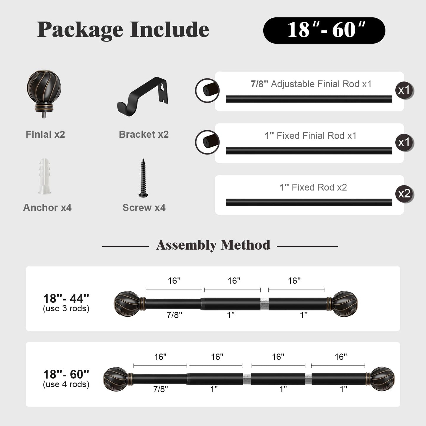 Oneach Black Curtain Rods for Windows 28 to 48 Inch, 7/8" Adjustable Heavy Duty Decorative Drapery Rods with Round Netted Texture Finials (Pack of 1, 18 to 60 Inch)