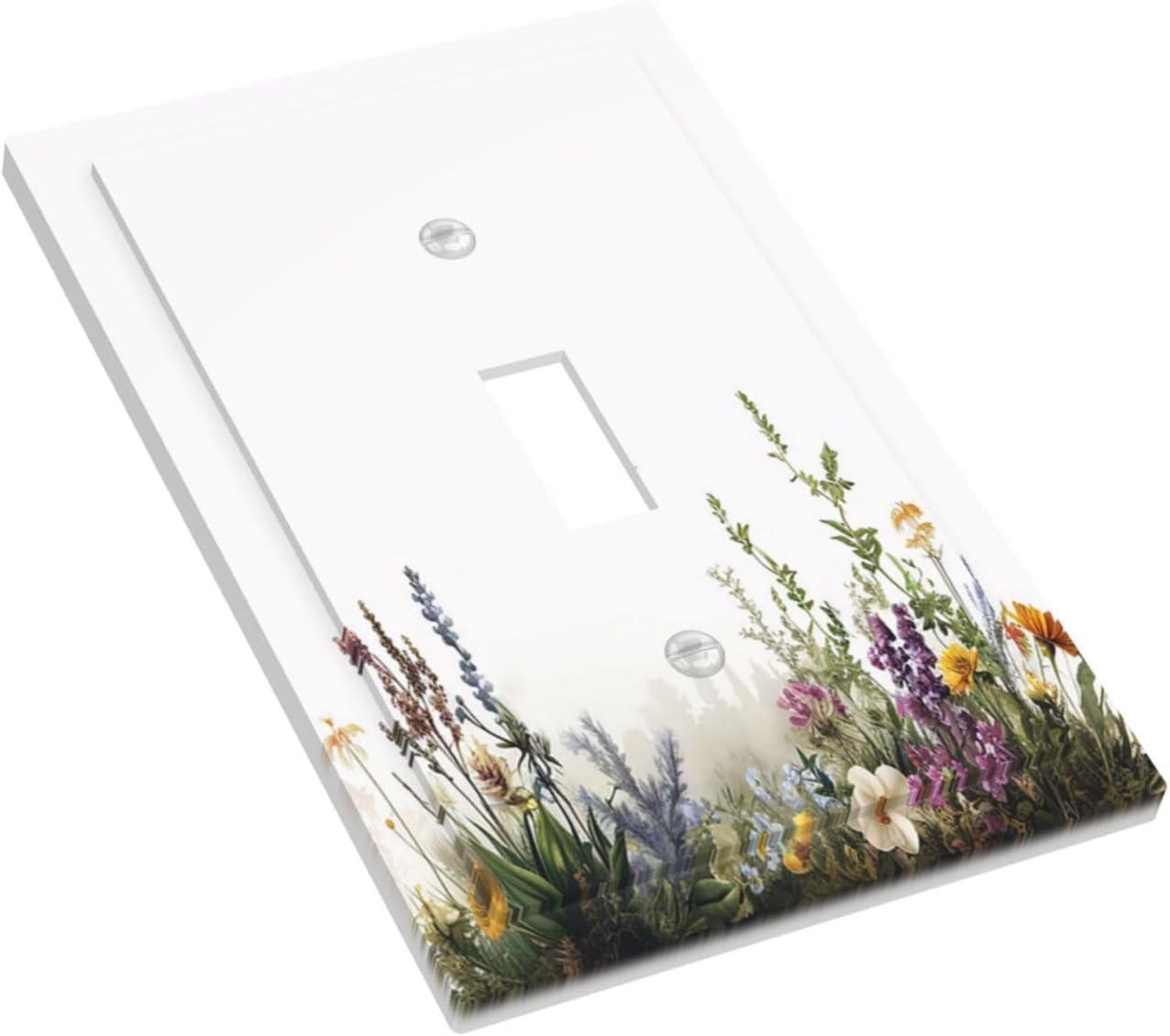 Decorative Light Switch Cover Plate White Background Colorful Flowers Plants Green Leaves 1 Gang Single Toggle Wall Plate Electrical Outlet Covers Decorate Switch Plate Cover for Bedroom Home Decor