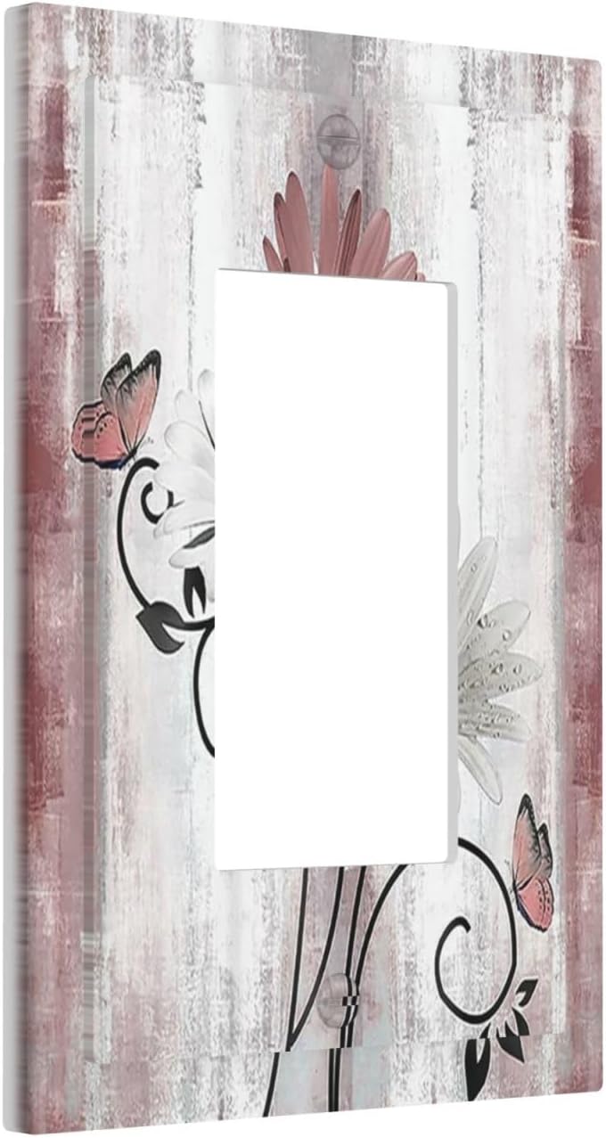 Decorative Outlet Covers Pink White Daisy Butterfly Wood Grain 1 Gang Single Rocker Light Switch Cover Plate Wall Plates GFCI Faceplate for Farmhouse Bathroom Decor