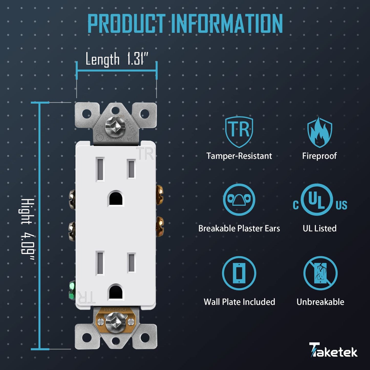 Decorator Receptacle Outlet with Wall Plate, Tamper-Resistant Electrical Outlet, Residential Grade, 3-Wire, 15A 125V, Self-Grounding, 2-Pole, UL Listed, White (10 Pack)