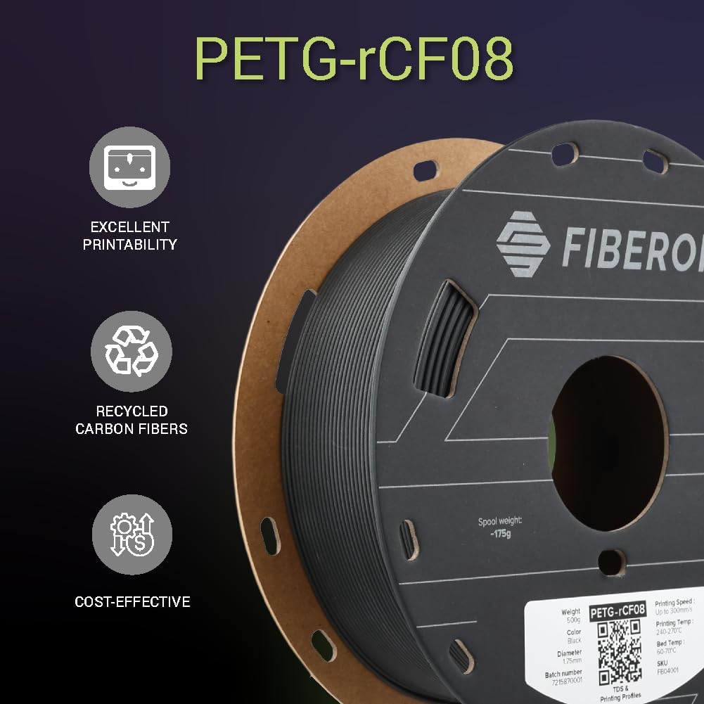 Polymaker Fiberon PETG-RCF Filament Black 1.75mm 0.5kg, Recycled Carbon Fiber Reinforced PETG 3D Printing Filament Ideal for Drone and Automotive Products