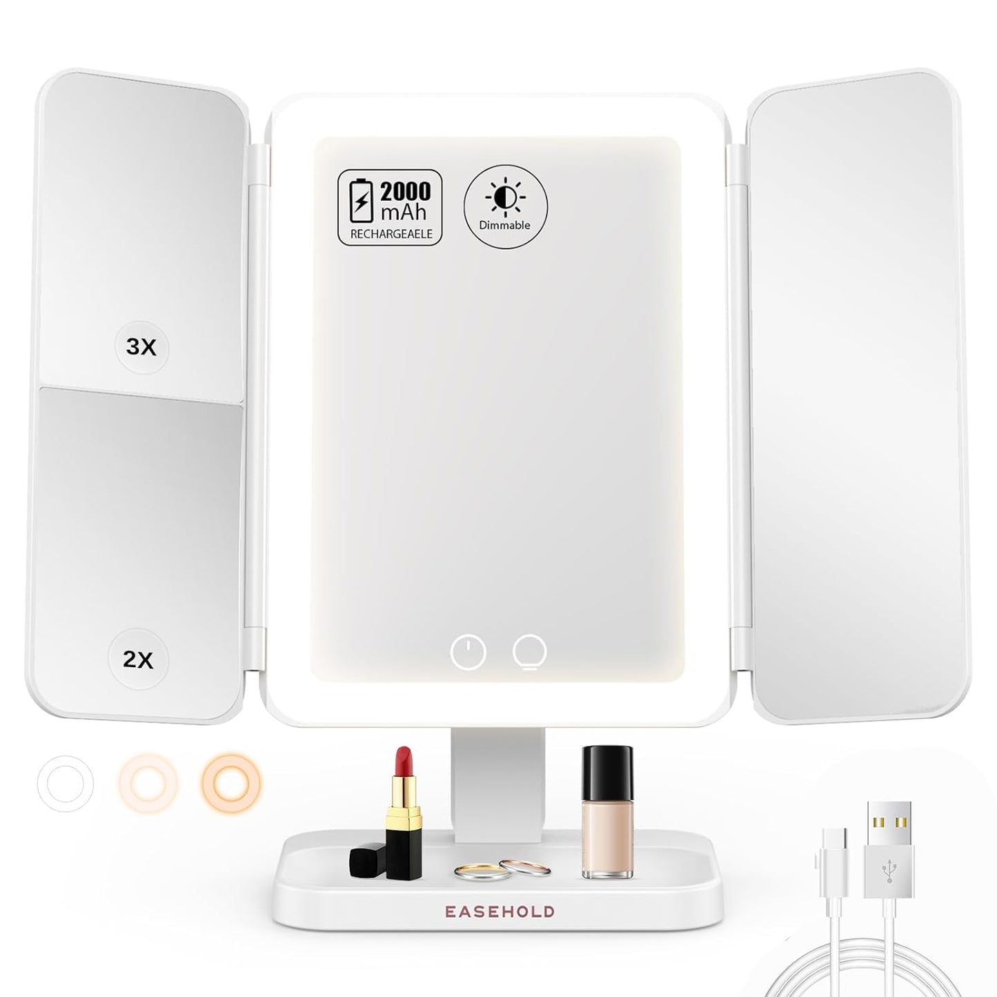 EASEHOLD Lighted Makeup Mirror with 3X Magnification, 3 Color Lights & Touch Sensor - Rechargeable Trifold Vanity Mirror for Travel, Desk, Home Use