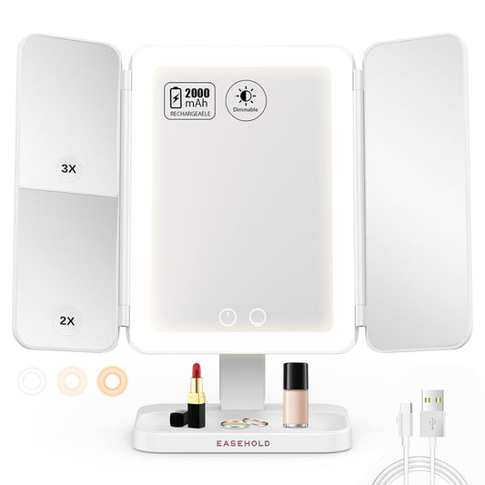 EASEHOLD Lighted Makeup Mirror with 3X Magnification, 3 Color Lights & Touch Sensor - Rechargeable Trifold Vanity Mirror for Travel, Desk, Home Use