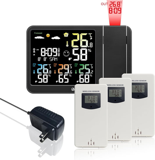 KETOTEK Digital Projection Alarm Clock for Bedroom Ceiling Wall VA LCD Display Radio Controlled Weather Station Indoor Outdoor Temperature Humidity Monitor with 3 Remote Sensors