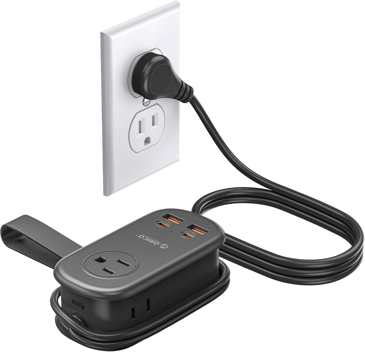 ORICO 65W GaN Travel Power Strip with 7-in-1 Charging Ports (3 AC Outlets/2 USB-A/2 USB-C), Flat Plug and 4FT Extension Cord, Fast Charger for MacBook Pro/Air, iPad Pro, iPhone 17/16/15 -AP3