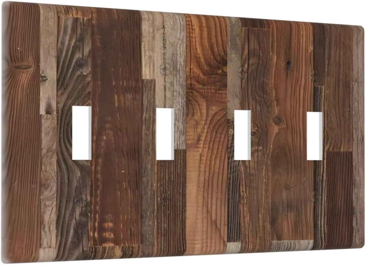 Vintage Brown Wooden Boards Print Wood Grain Light Switch Covers Quad Toggle Electrical Faceplate 4 Gang Wall Plate Decorative Switch Plates for Farmhouse Home Decor