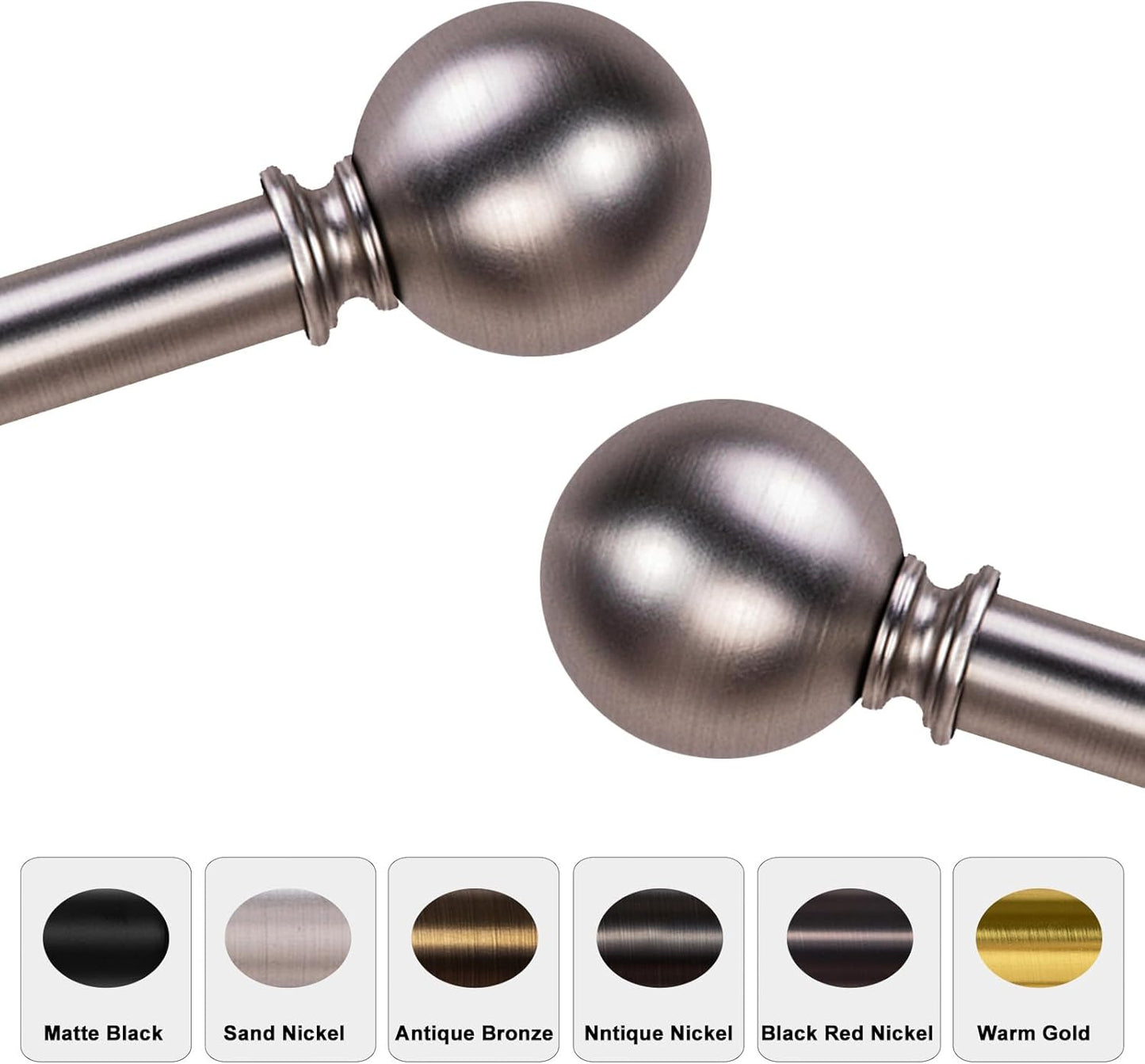 Curtain Rods for Windows 18 to 88 inches, 1 Inch Modern Metal Drapery Rods, Adjustable Heavy Duty Curtain Pole with Round Finials(18"-88"Antique Nickel