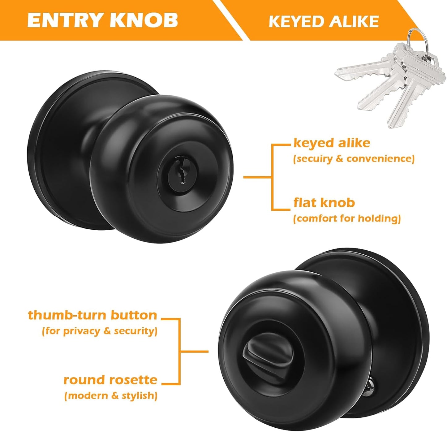 Gobrico Entry Door Locks Keyed-Alike Flat Ball Door Locksets with Same Keys in Black-Pack of 3