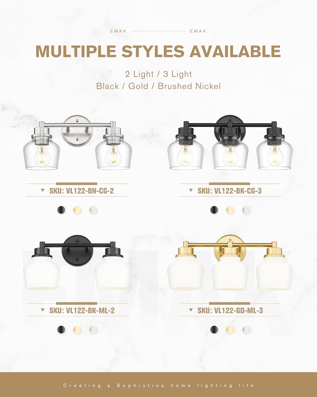 Emak Modern Gold Vanity Lights, Bathroom Lighting Fixtures Over Mirror with Clear Glass Shade, 3-Light Vanity Light for Bathroom, Mirror, Makeup Desk, VL122-GD-CG-3
