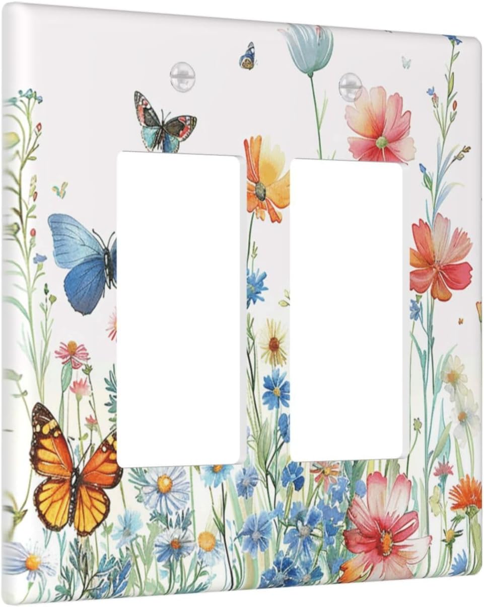 Decorative Outlet Covers Rustic Wildflower Blue Pink Floral Butterfly 2 Gang Light Switch Cover Plate Double Rocker Wall Plates for Electrical Outlets Switch Plate Covers for Home Decor