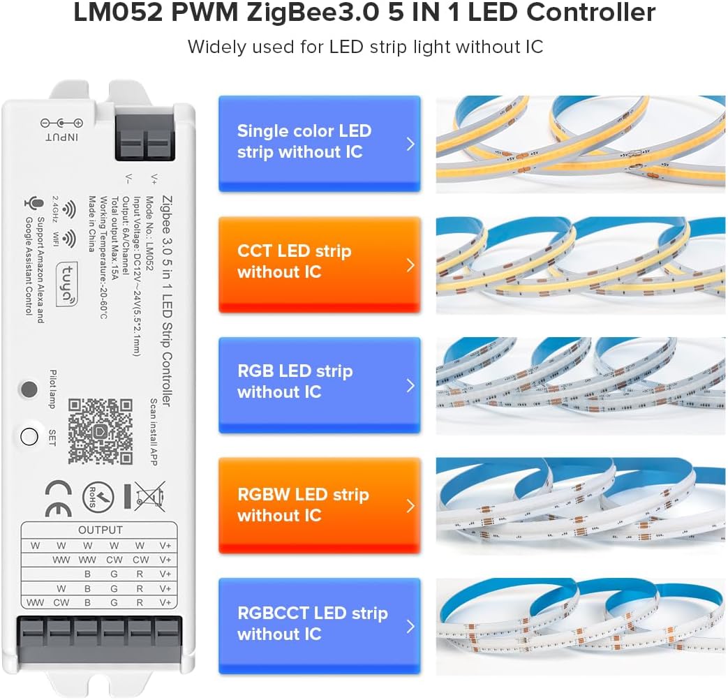 5in1 LM052 Tuya Zigbee3.0 LED Controller Support Monochrome CCT RGB RGBW RGBCCT PWM LED Strip Compatible with Echo Plus Echo(4th Gen) Philip H-UE Home-kit Gateway Work with WR01RF WR02RF etc
