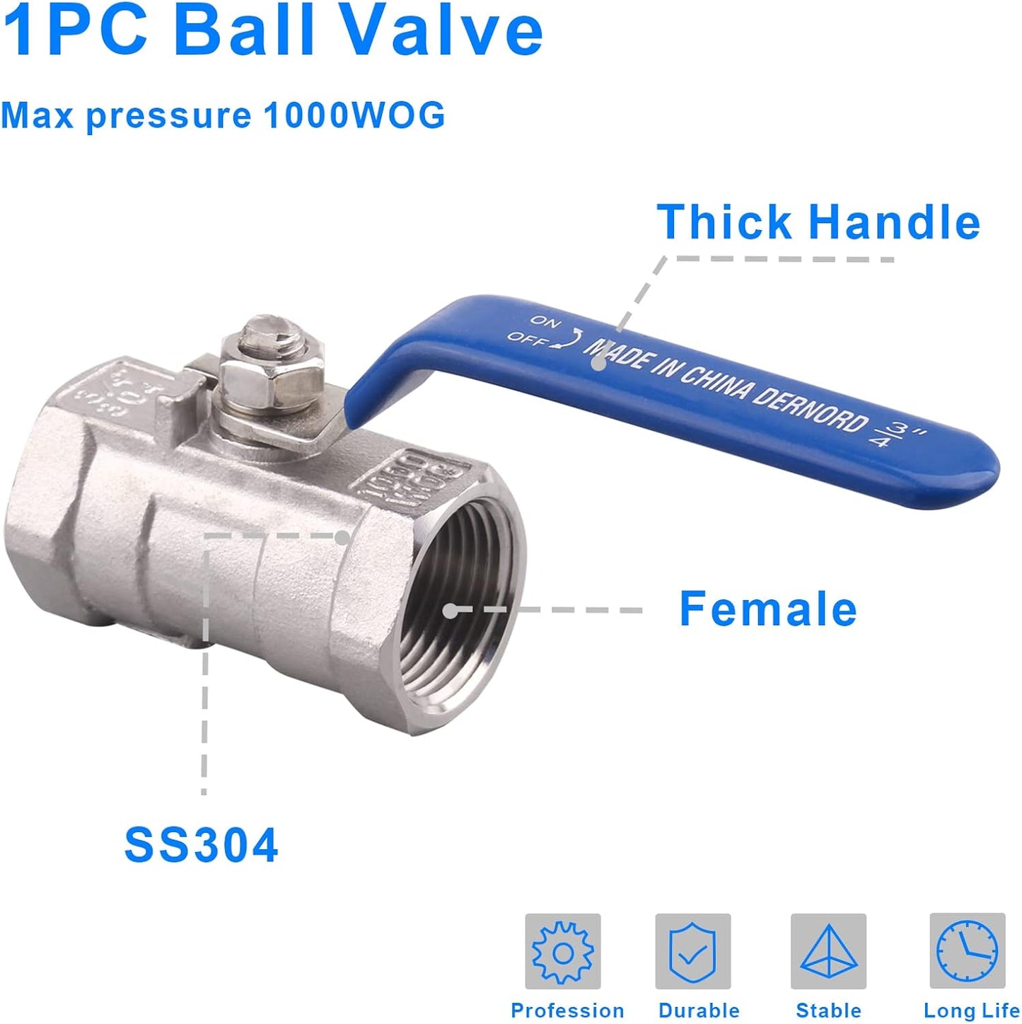 DERNORD Stainless Steel Ball Valve 1PC Type NPT Standard Port for Water, Oil, and Gas (3/4 Inch Ball Valve)