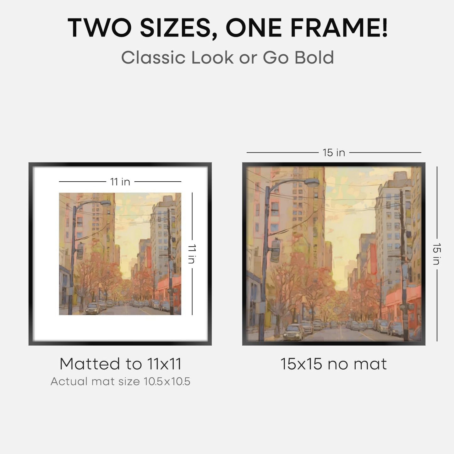 Homeforia 15x15 Picture Frame Black, High End Metal 15 x 15 Square Poster Frames with Mat 11 x 11 Photo, 15x15 Black Frame Matted to 11x11 Print, 15by15 Thin Frames, Tempered Glass, Wall Kit, Set of 2