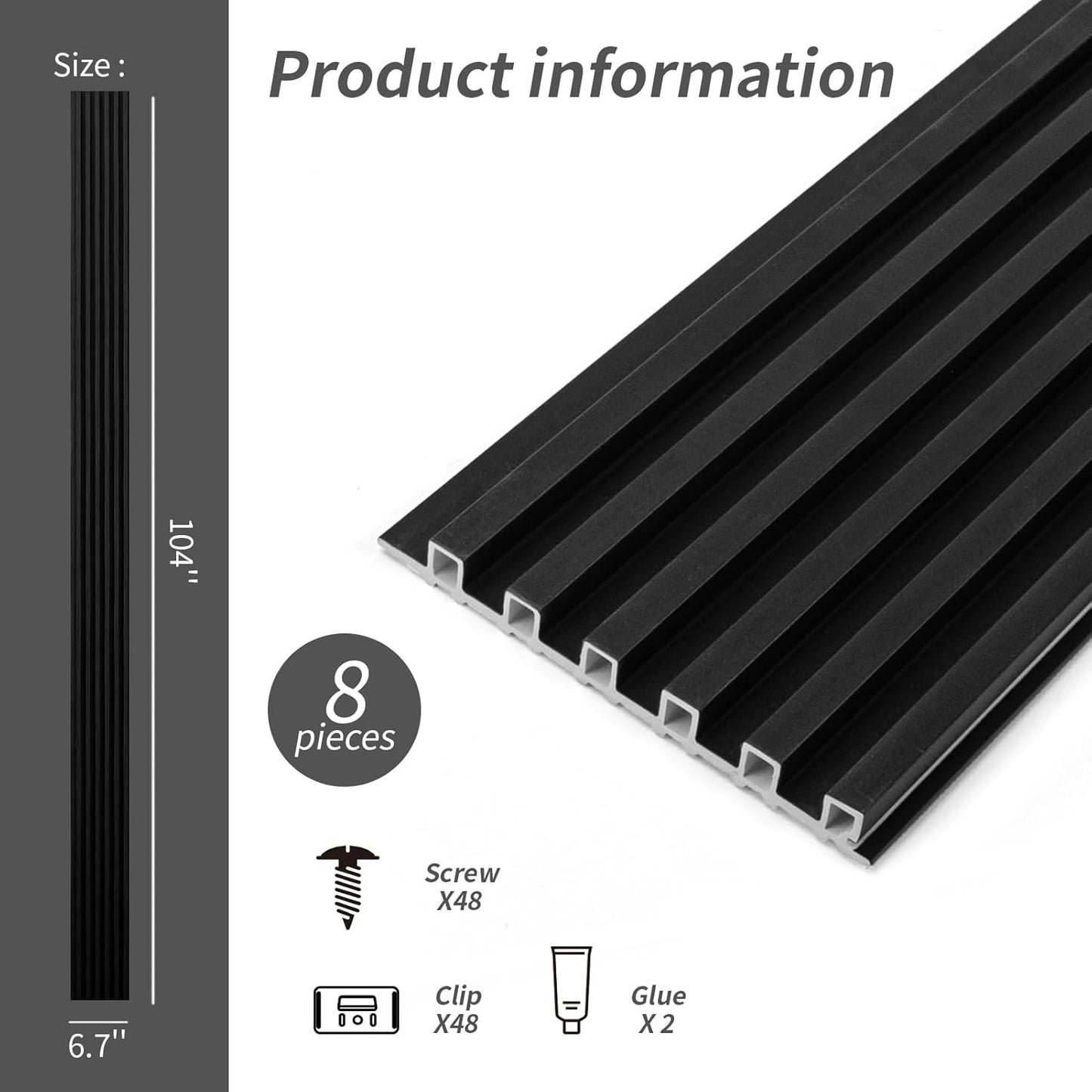 Art3dwallpanels Wood Slat Wall Paneling, 104'' x 6.7'' WPC Soundproof 3D Wall Panels for Interior Wall Decor, 8 Pack Fluted Textured Panel Wall Slats,Black