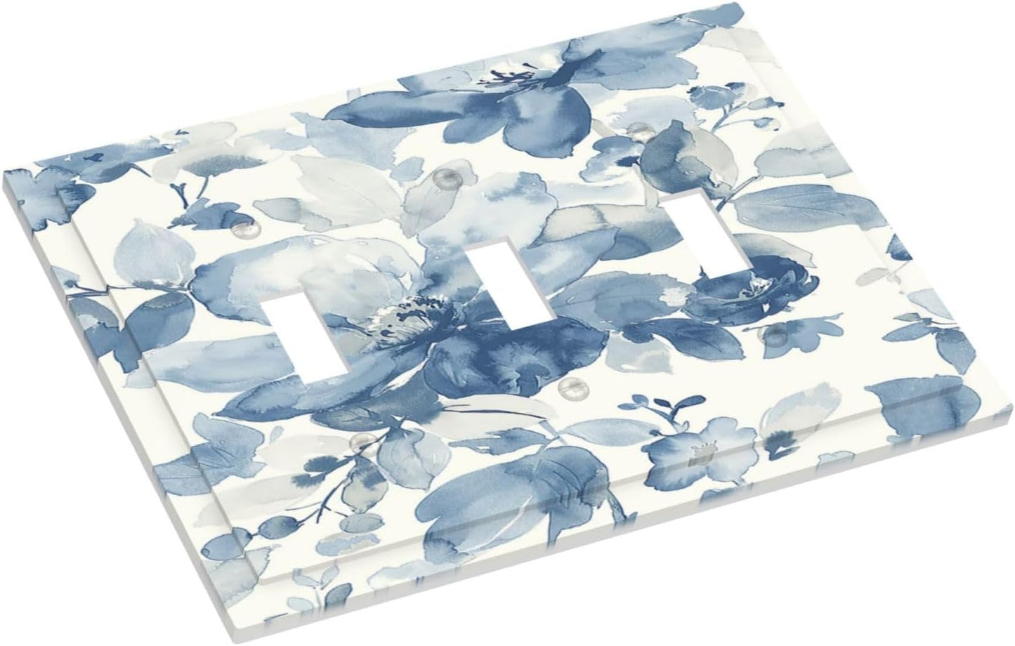 Decorative Switch Plates Blue Watercolor Floral 3 Gang Wall Plate Triple Toggle Light Switch Cover Faceplate Electrical Wall Panels for Bedroom Bathroom Decor