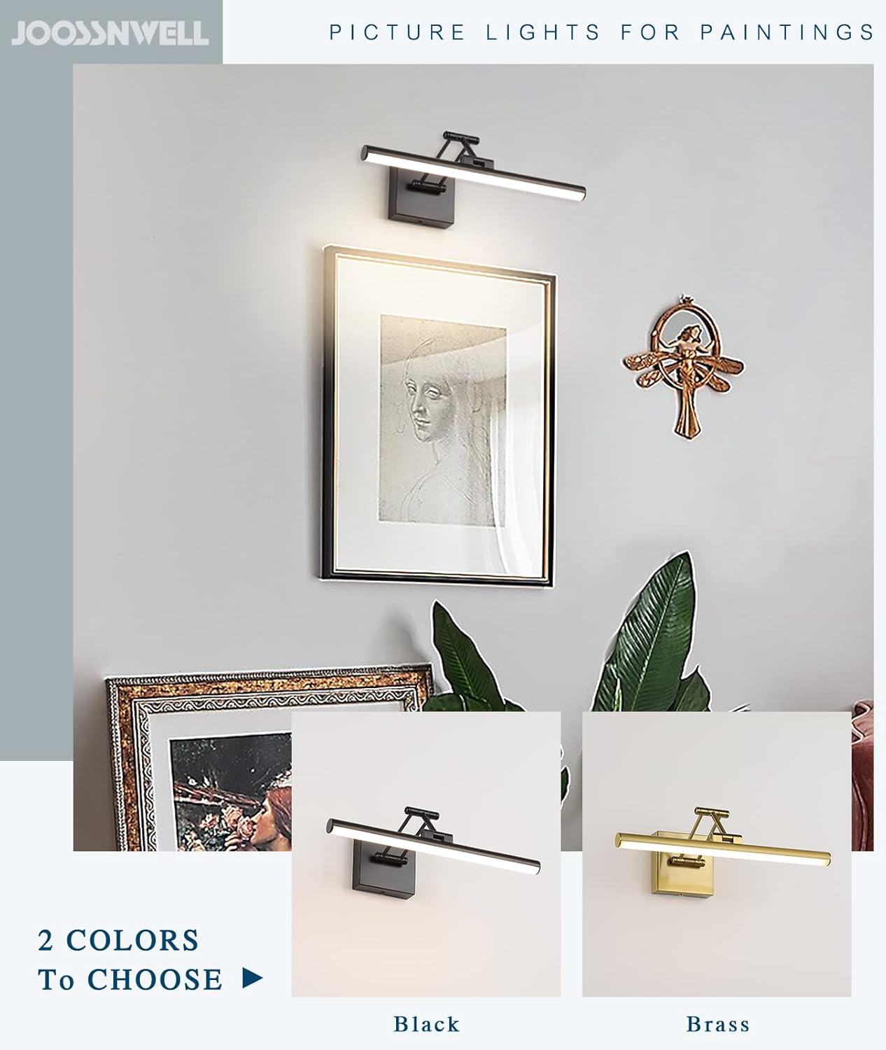 Joossnwell LED Picture Lights for Paintings Dimmable 15.5 Inch Long Hard-Wired Art Lights for Paintings Black Gallery Light with Adjustable Swing Arm Artwork Display Lamps 7W 3000K Warm White