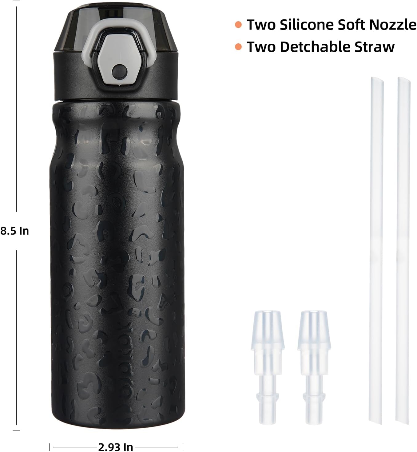 BJPKPK 18oz Insulated Water Bottle with Straw Stainless Steel Double Wall Water Bottles BPA Free Leak Proof Thermal Flask with Lockable Flip Lid and Soft Silicone Spout,Black Leopard