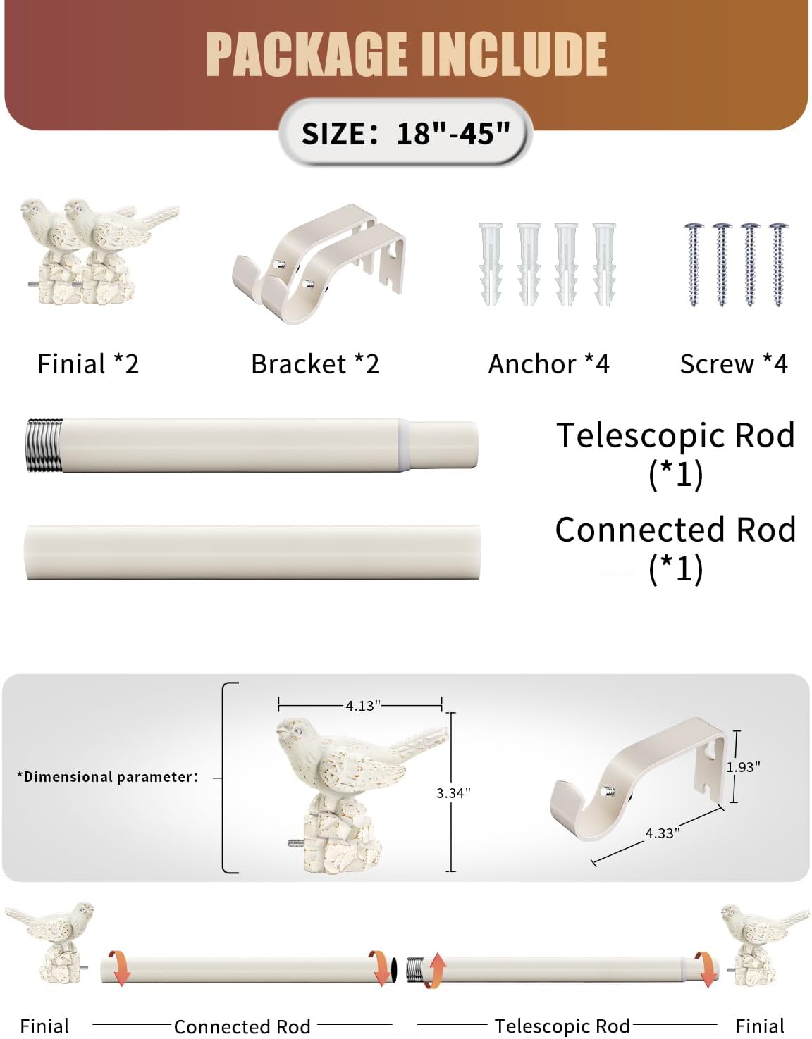 White Curtain Rod 18 to 45 Inches Curtain Rods for Windows Adjustable Heavy Duty Drapery Rod with Bird Finials for Kitchen Window Living Room
