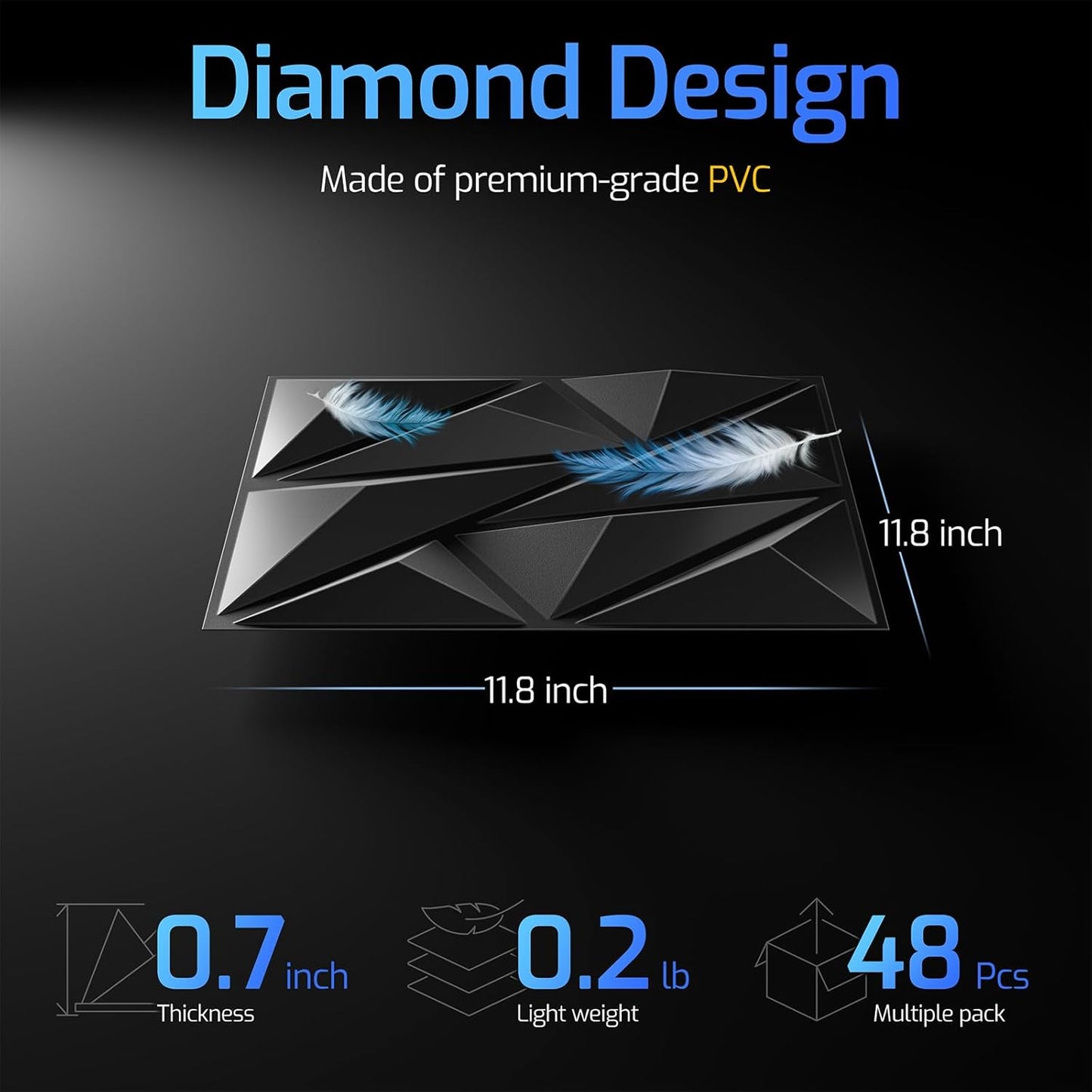 48 Pack 3D Wall Panels for Interior Wall Decor, 11.8'' x 11.8'' Decorative Wall Panels, Accent Wall Panels, 3D Diamond Design Wall Decor for Living Room, Bedroom, Gaming Room, Black