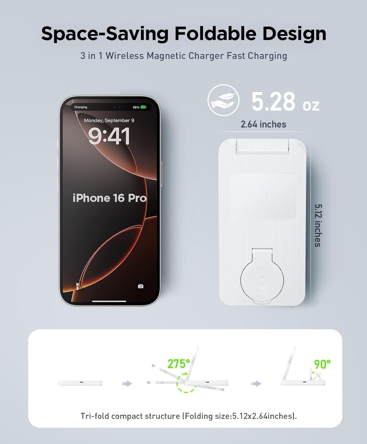 3 in 1 Magnetic Wireless for iPhone Charging Station: Foldable Portable Charger for iPhone 17-12 Pro Max & Apple Watch & AirPods, for Apple Multiple Devices Charger for Home,Office&Travel