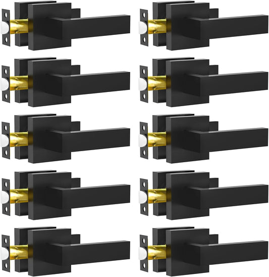 Passage Door Lever, 10 Pack Matte Black Interior Door Handles for Hallway and Closet, Heavy Duty Square Interior Keyless Door Handles Non-Locking Door Knobs for Right & Left Side Door