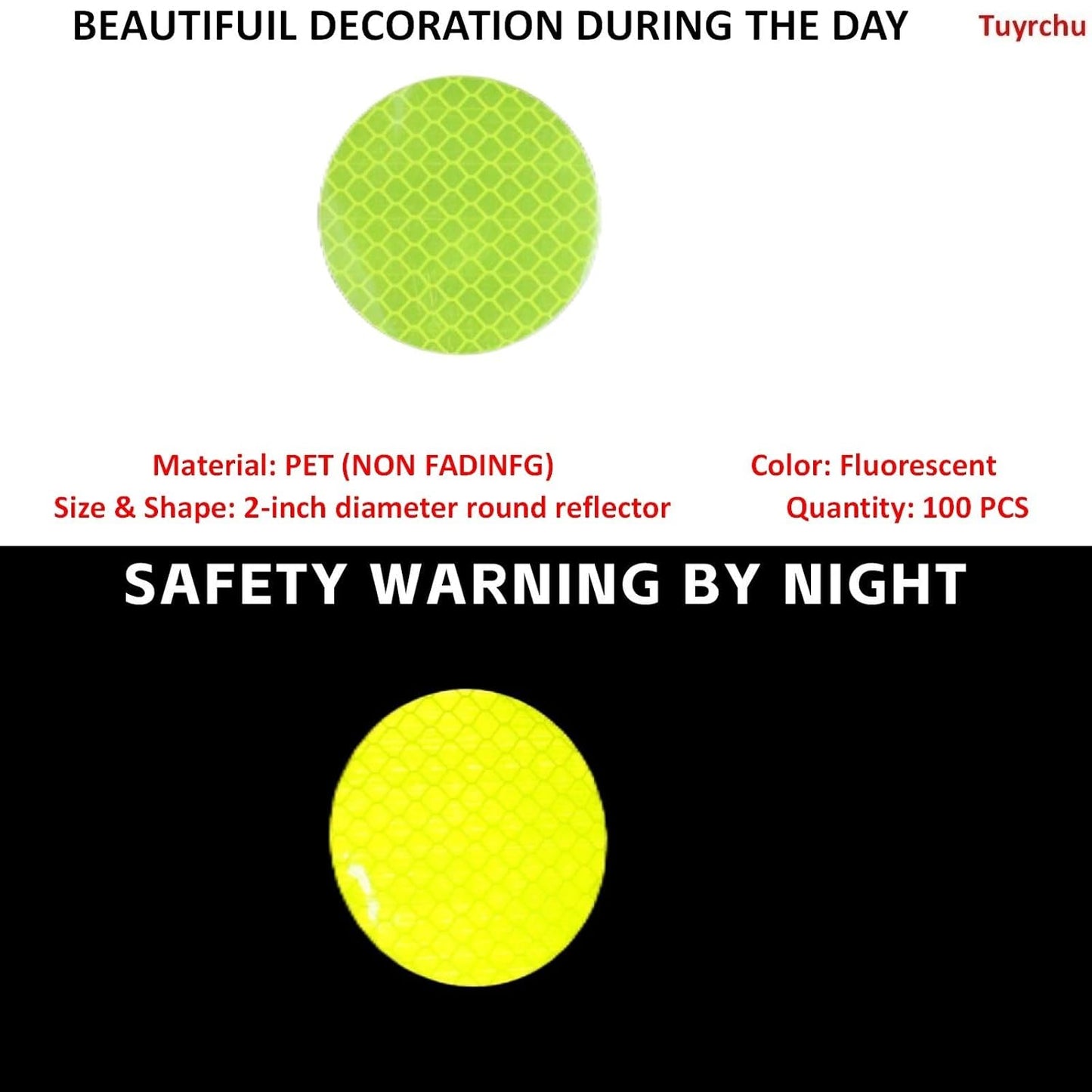 Non Fading Fluorescent Yellow Reflective Stickers 2-inch Diameter Round Reflector, Outdoor Waterproof High Visibility Warning Adhesive Tape (100 Pcs)