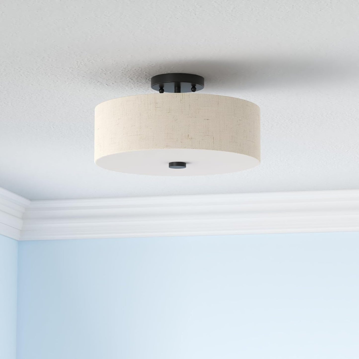 Livex Lighting 52135-92 Meridian Collection 3-Light Semi Flush Mount Ceiling Fixture with Oatmeal Color Fabric Hardback Drum Shade and Satin White Diffuser, English Bronze