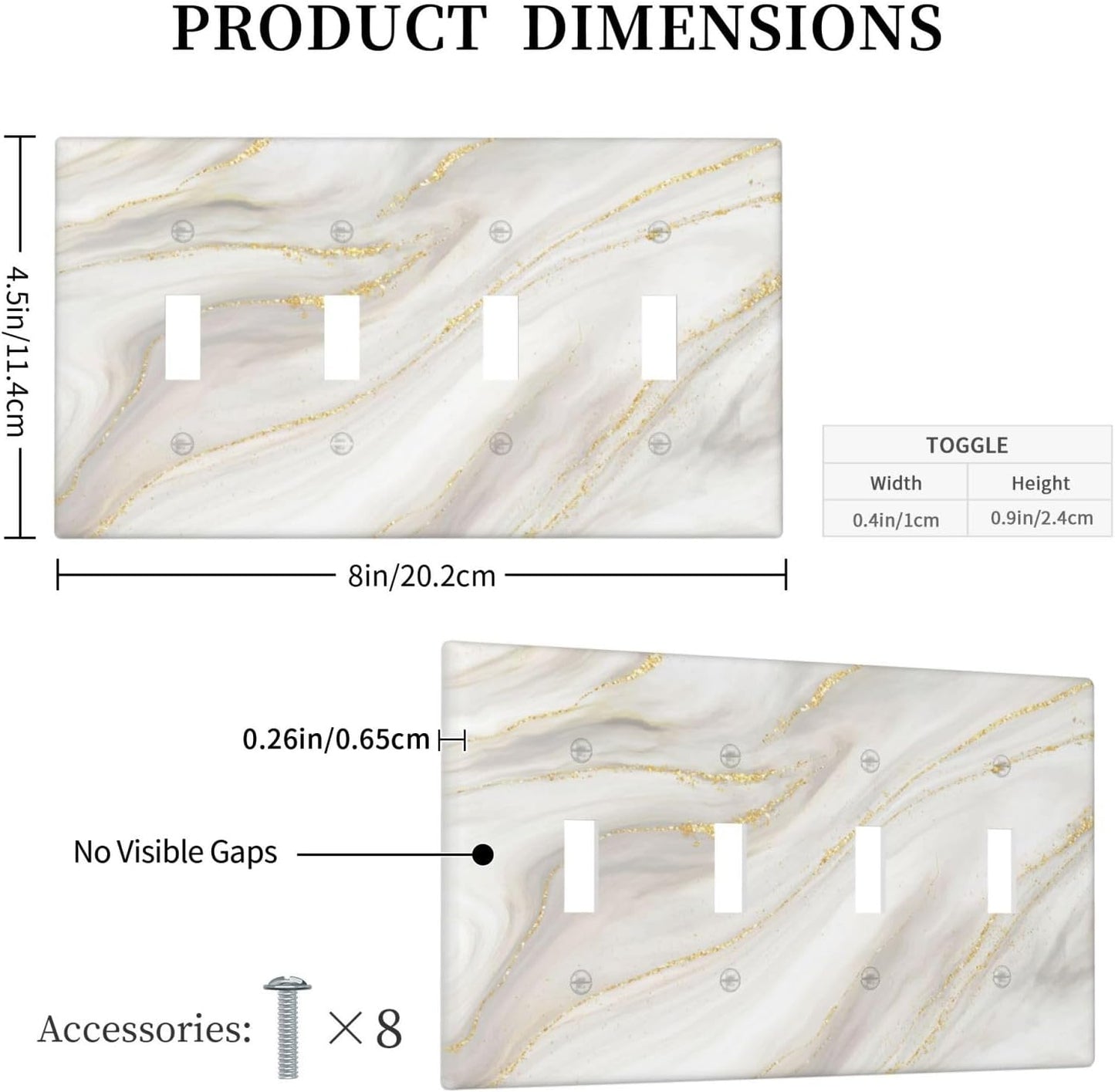 White Grey Gold Marble Simple Tiles Light Switch Covers Quad Toggle Electrical Faceplate 4 Gang Wall Plate Decorative Switch Plates for Bathroom Kitchen Decor
