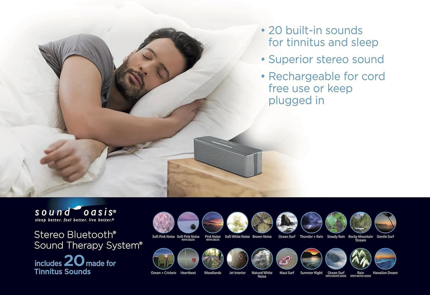 Sound Oasis Stereo Bluetooth Sound Machine for Sleep and Tinnitus Masking, 20 Non-Looping Soothing Sounds Plus Pink Noise, Hi-Fidelity Speakers, Portable Sound Therapy for Home, Baby, Office or Travel