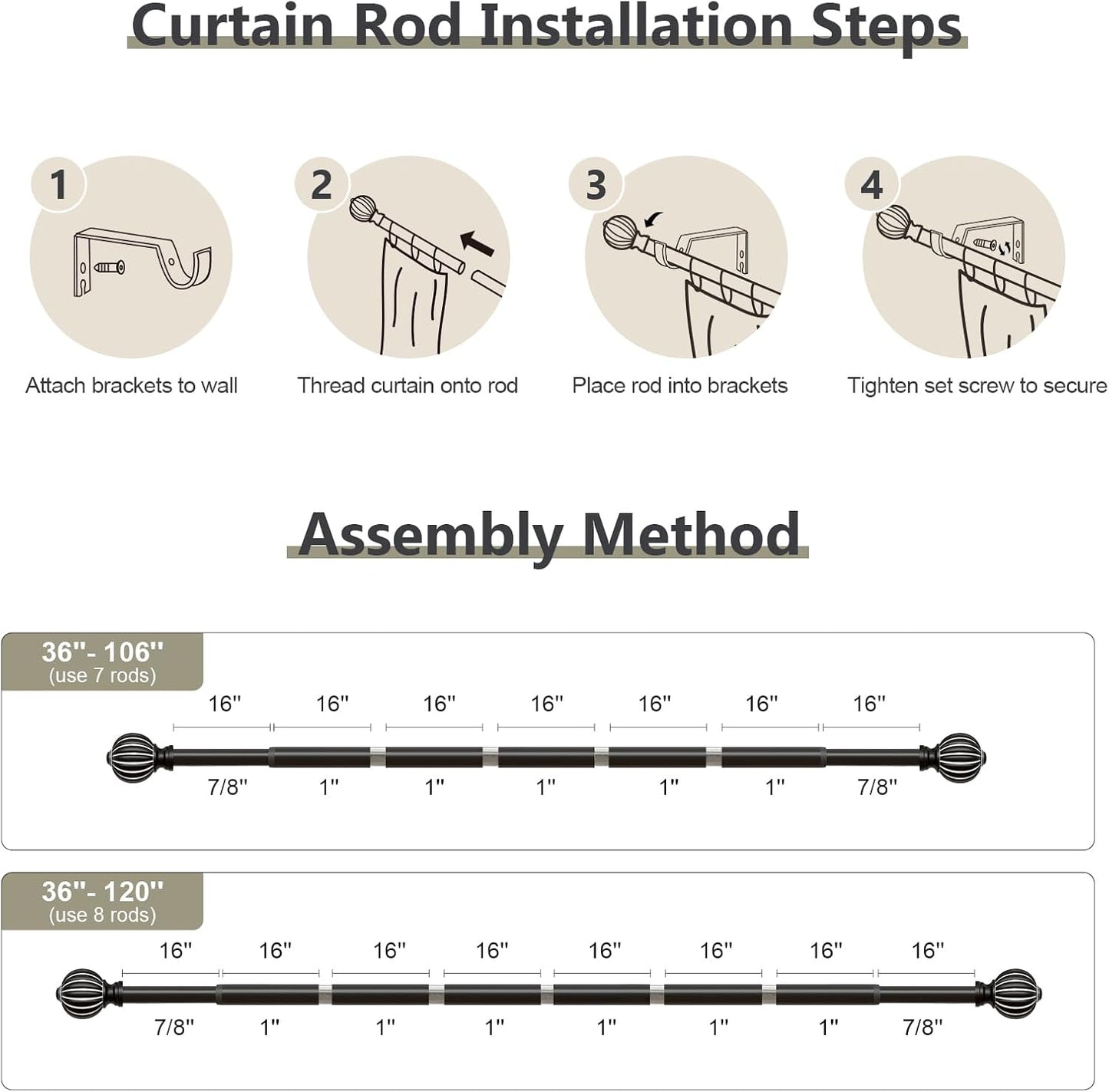 Black Curtain Rods for Windows 66 to 120 Inch, 1'' Adjustable Heavy Duty Curtain Rod，Vintage Decorative Drapery Rods with Pumpkin Finials for Bedroom Living Room