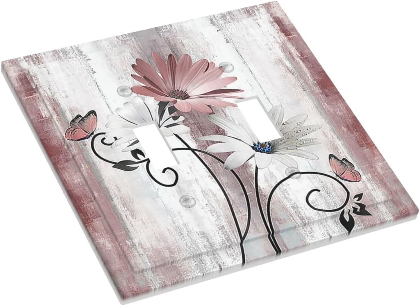 Decorative Switch Plates Pink White Daisy Butterfly Wood Grain 2 Gang Double Toggle Outlet Light Switch Cover Wall Plate Electrical Faceplate for Farmhouse Bathroom Decor