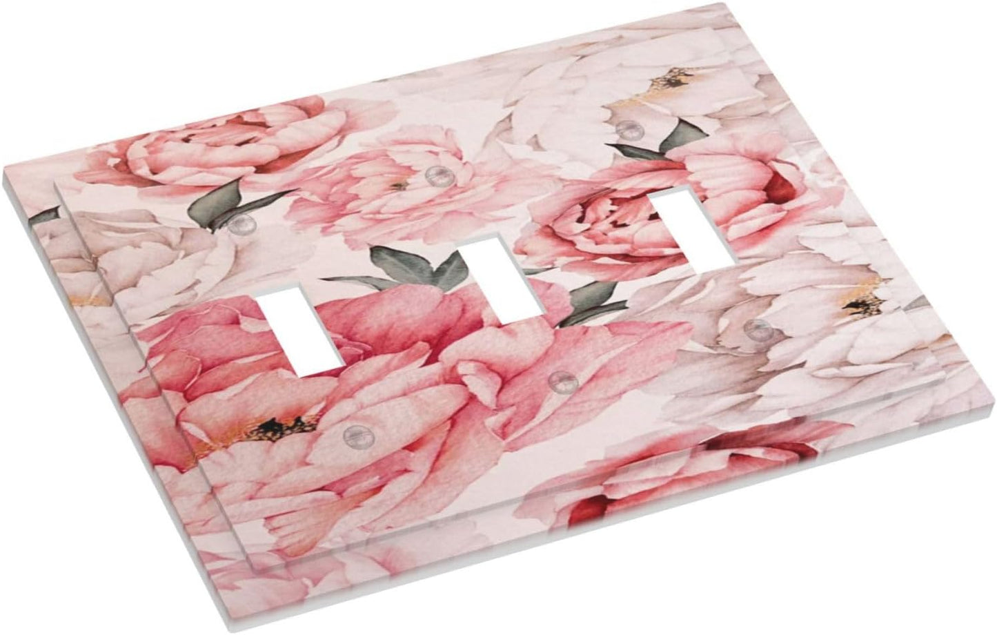 Decorative Light Switch Plate Covers Ink Pink Peony Flower Rustic Floral 3 Gang Light Switch Cover Triple Toggle Wall Plate Outlet Covers for Home Bedroom Decor