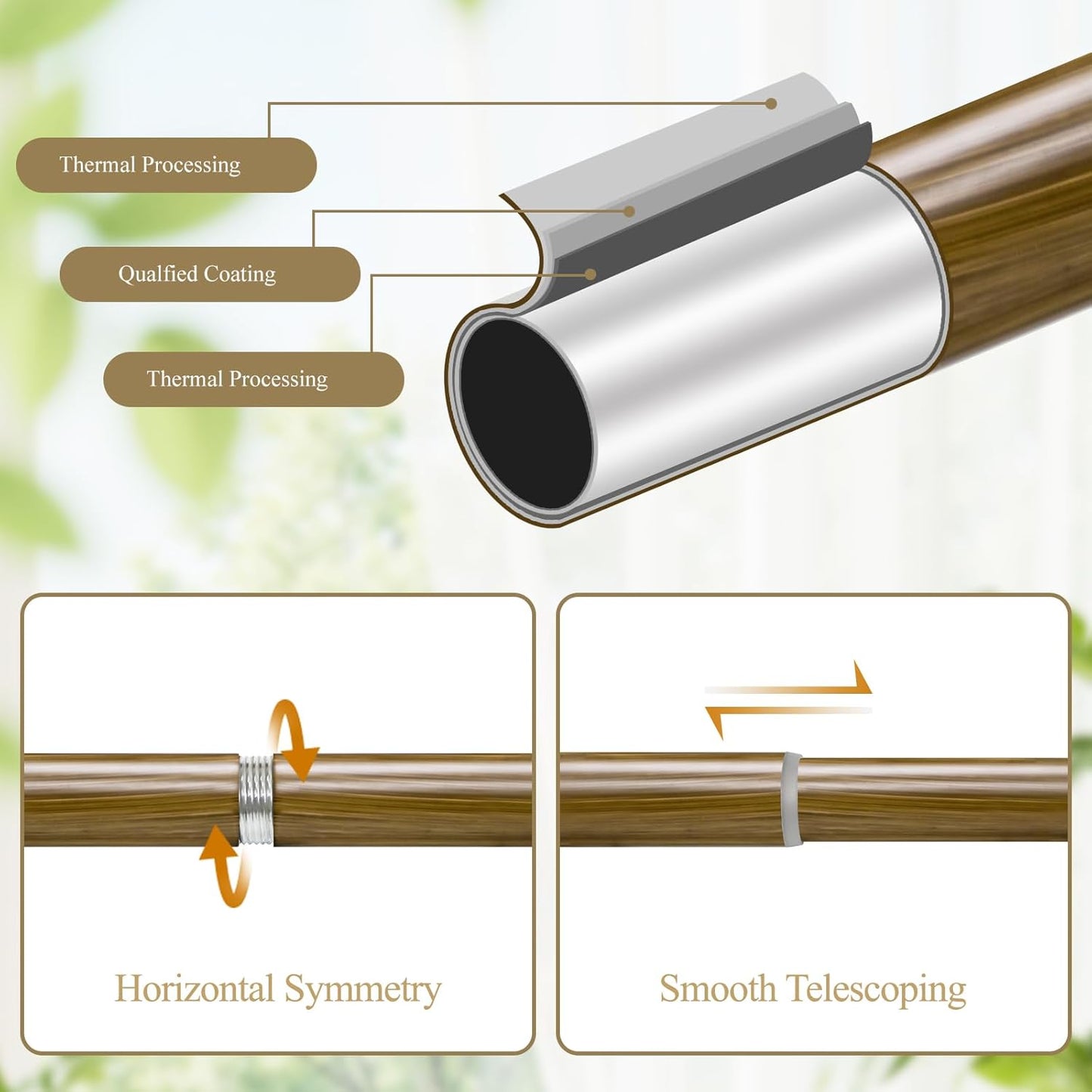 Boho Wooden Curtain Rods for Windows 66 to 120 Inches(5.5-10ft), Adjustable Heavy Duty 1" Diameter Drapery Rod with Imitation Wood-Grain Leaf-Pattern Finials - for Living Room & Bedroom，36-120''