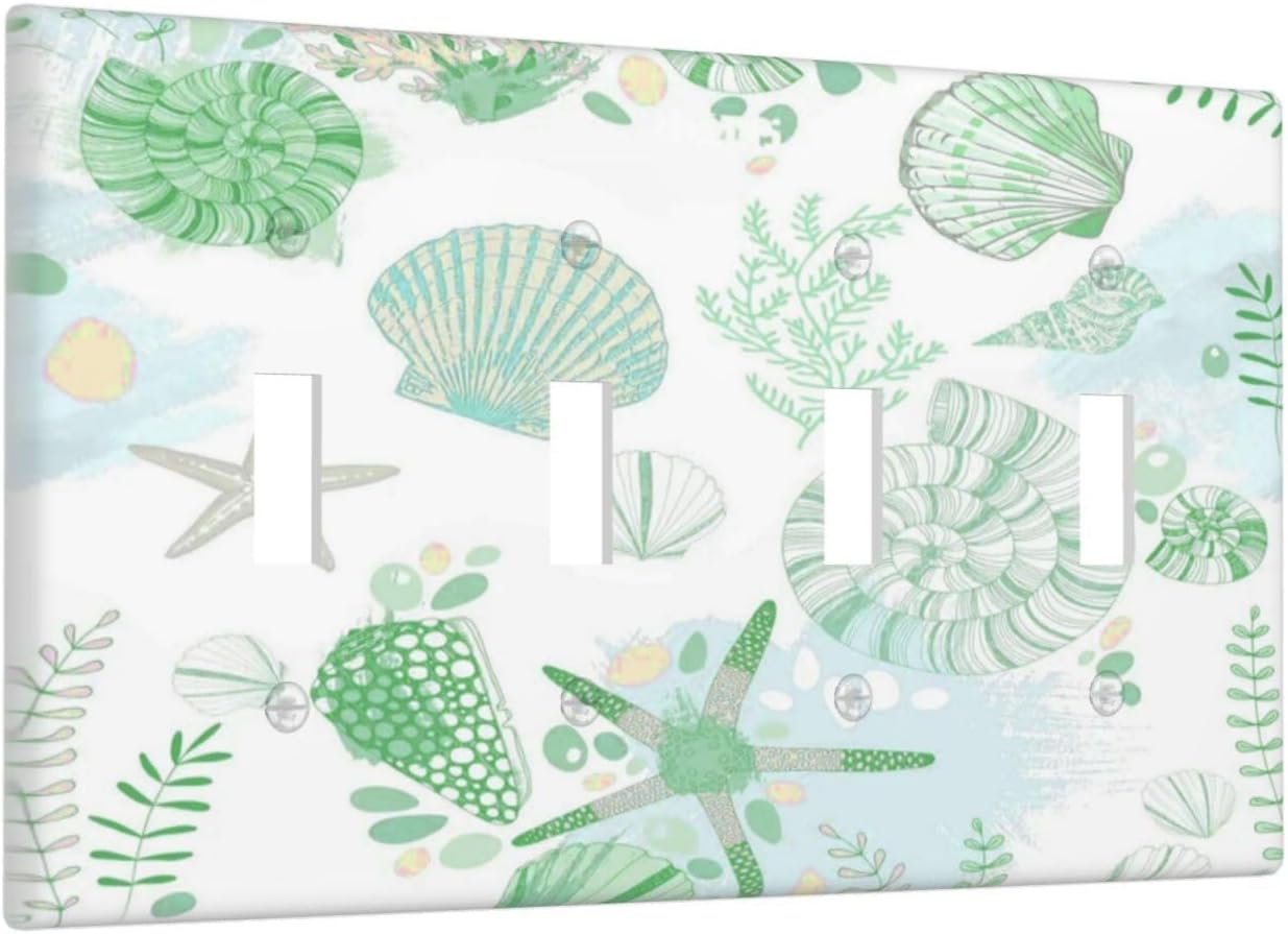 Beach Nautical Starfish Scallop Coral Conch Light Switch Covers Quad Toggle Electrical Faceplate 4 Gang Wall Plate Decorative Switch Plates for Bathroom Home Decor