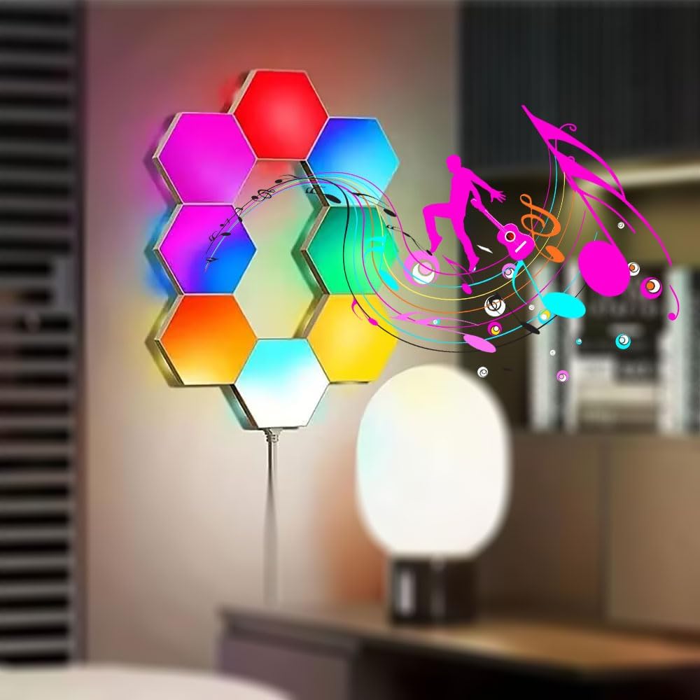 Hexagon Lights Wall Panels, Smart LED Wall Lights with APP, DIY Modular Assembled Music Sync RGB Gaming, Hex Light with USB-Power for Autism, Game Room Decor, Party (6-Pack)
