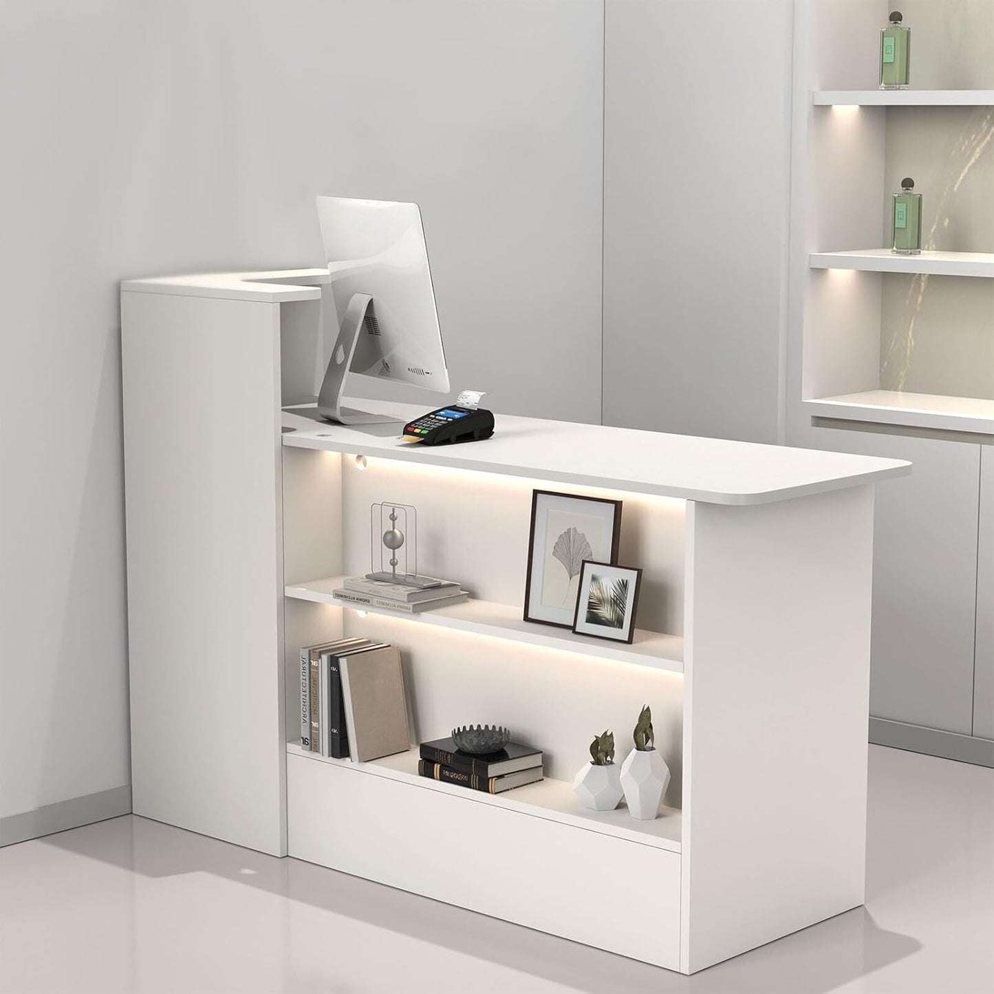 Modern Reception Desk with LED Lights - 59" Front Desk Reception Counter with Dual Display Shelves & Hidden Cable Management, Lockable Drawer & Storage Cabinet for Office, Salon, Spa, Retail, Right