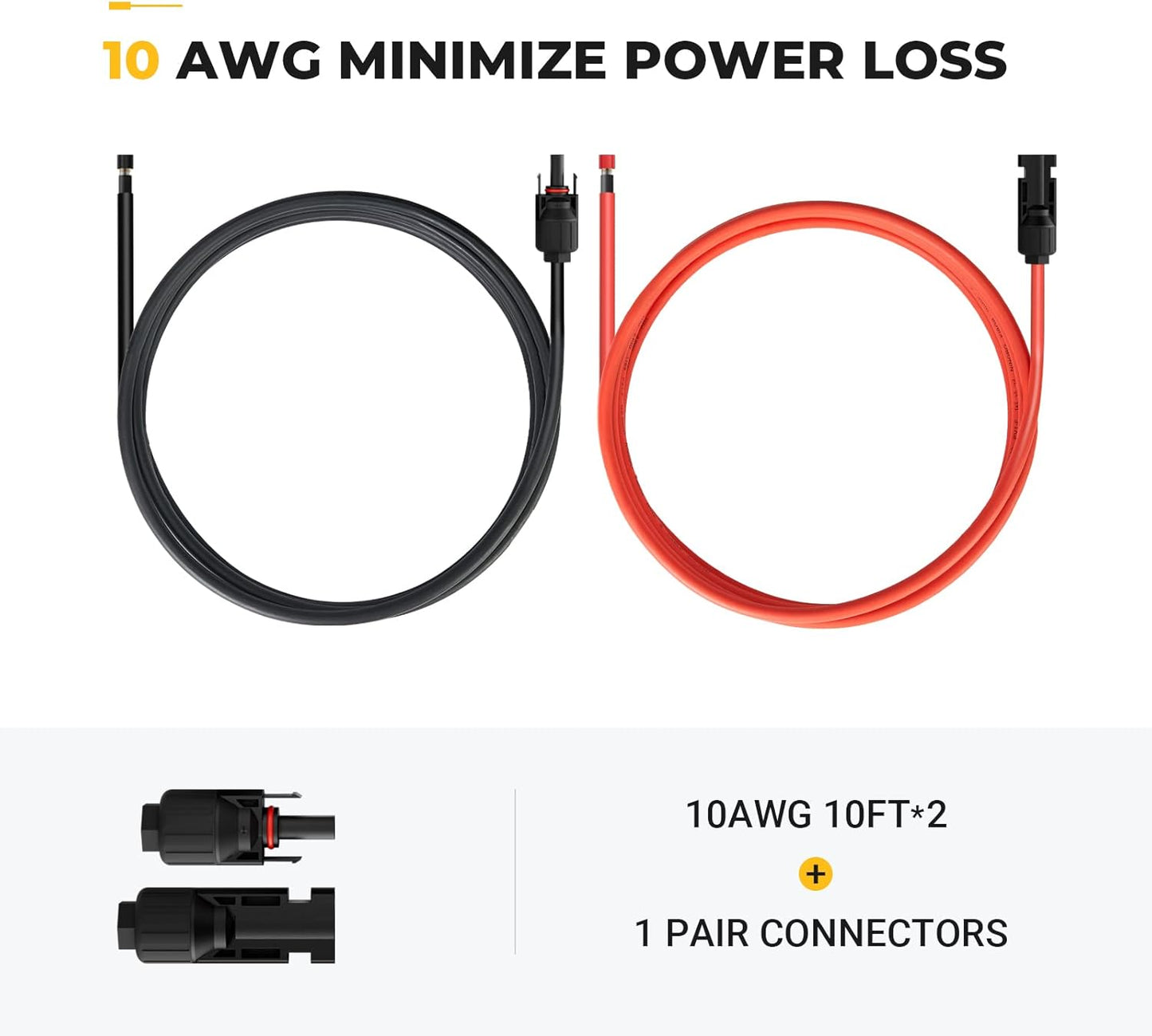 BougeRV 10 Feet 10AWG Solar Extension Cable with Female and Male Connector with Extra Pair of Connectors Solar Panel Adaptor Kit Tool (10FT Red + 10FT Black)