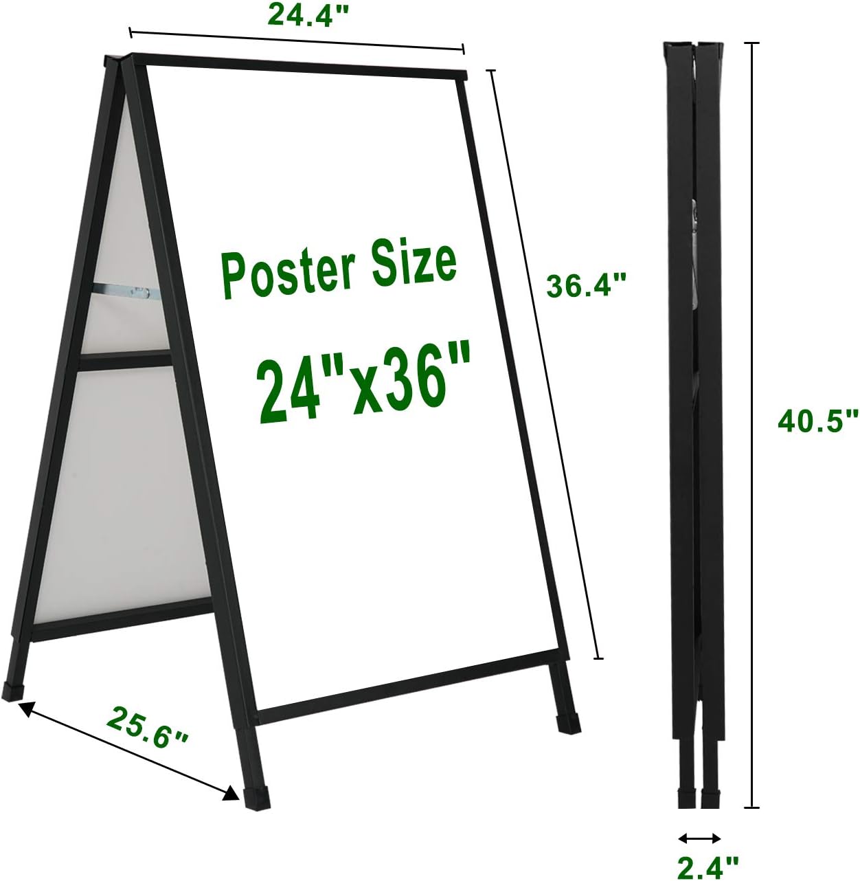 Heavy Duty A-Frame Sidewalk Sign 24 x 36 Inch, Portable Double-Sided Sandwich Board Slide-in Folding Metal Signboard with 2 Plastic Poster Boards