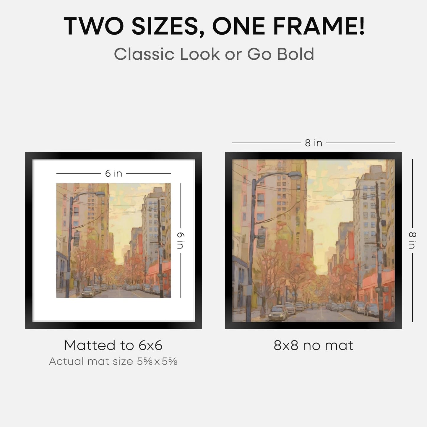 Homeforia 8x8 Black Picture Frame, High End Metal 8 x 8 Square Photo Frames with Mat 6 by 6, 8x8 Poster Frame Matted to 6x6 inch Print, 8by8 Wall or Tabletop Frames, Tempered Glass, Wall Kit, Set of 2