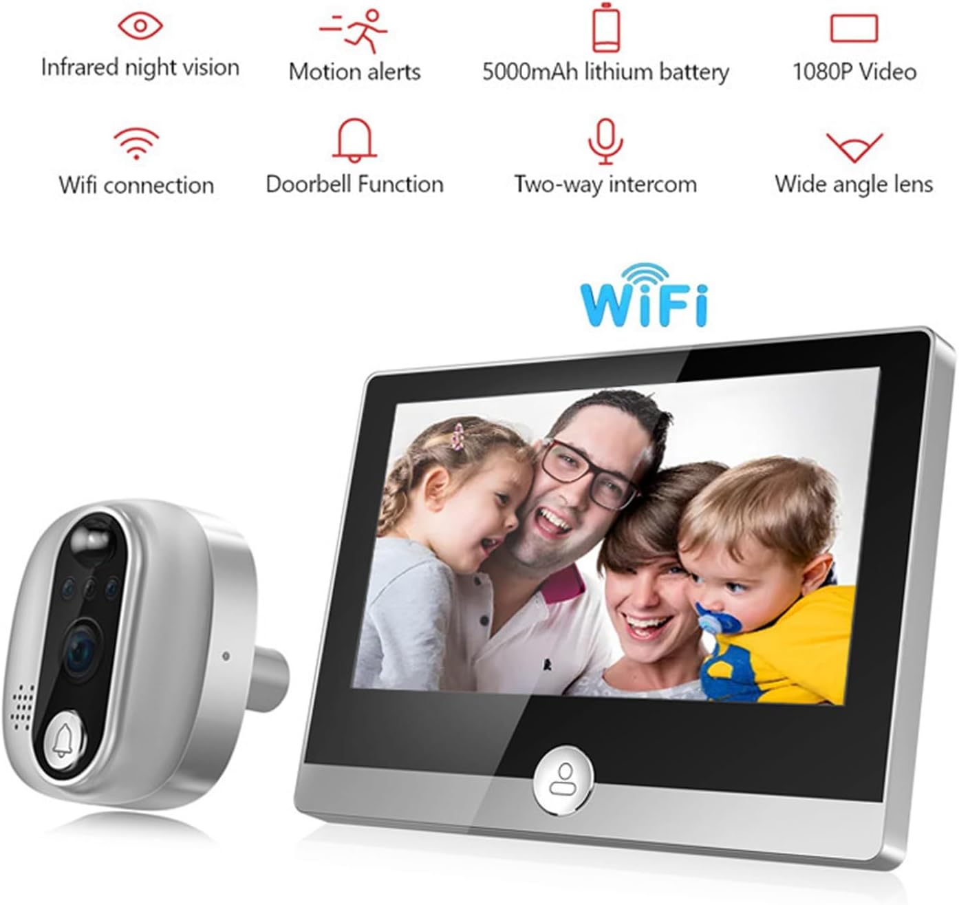WALFRONT WiFi Door Viewer Smart Peephole Camera Motion Detection 1080P 4.3 Inch Color LCD Two Way Intercom Night Wide Angle 128G Card Supported