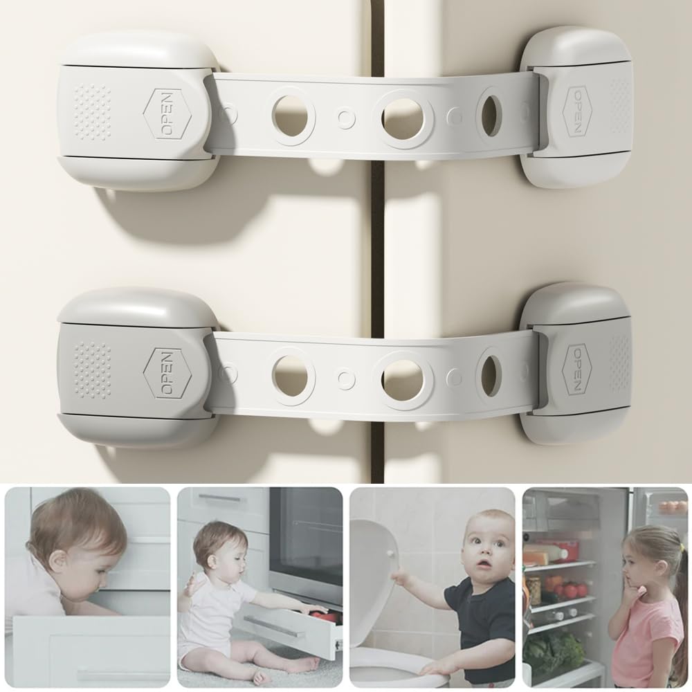 Child Safety Strap Locks (3 Pack) Baby Locks for Cabinets and Drawers, Toilet, Fridge & More. Adhesive Pads. Easy Installation, No Drilling Required, White/Gray (Gray, 3 pcs (Pack of 1))