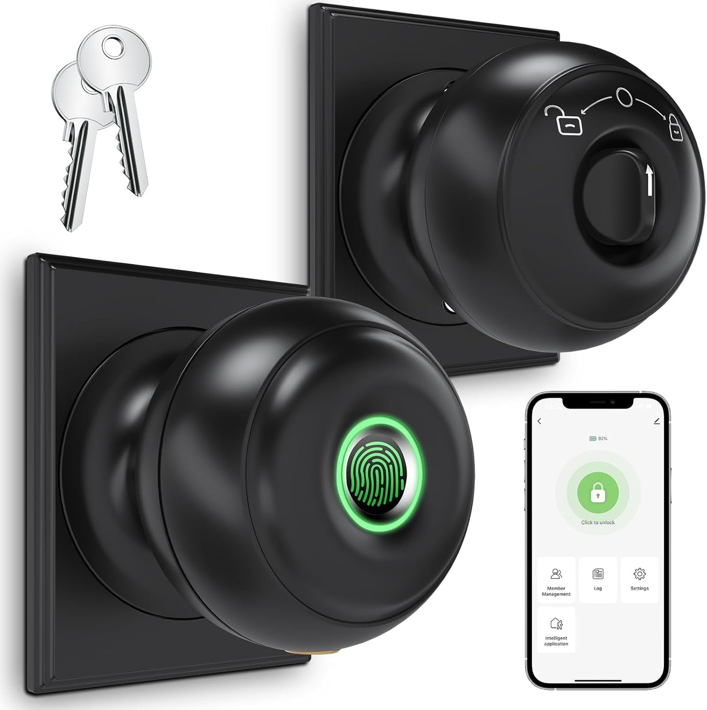 GeekTale Fingerprint Door Lock, Smart Lock with App, Biometric Door Lock, Thumbprint Door Knob, Smart Fingerprint Door Knob for Bedroom, Office, Apartment