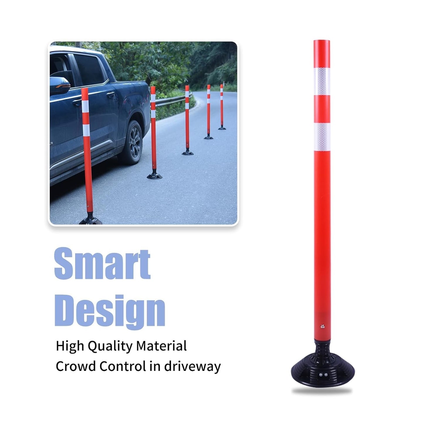 BESEA 8PCS 48" Traffic Delineator Posts with Detachable Base & High-Visibility Reflective Collars,Orange Durable Flexible Safety Cones for Work Zones, Parking Lots, and Roadways
