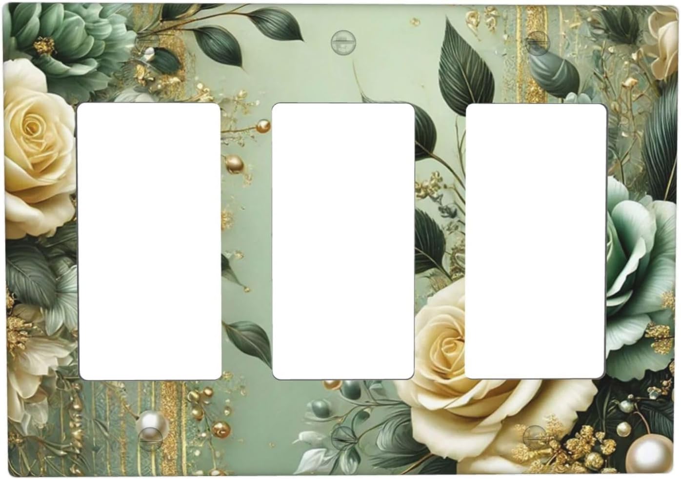 Decorative Outlet Covers Rustic Green Floral Leaves Teal Flowers Gold Stripe 3 Gang Wall Plate Triple Rocker Light Switch Cover Plate Jumbo Electrical GFCI Faceplate
