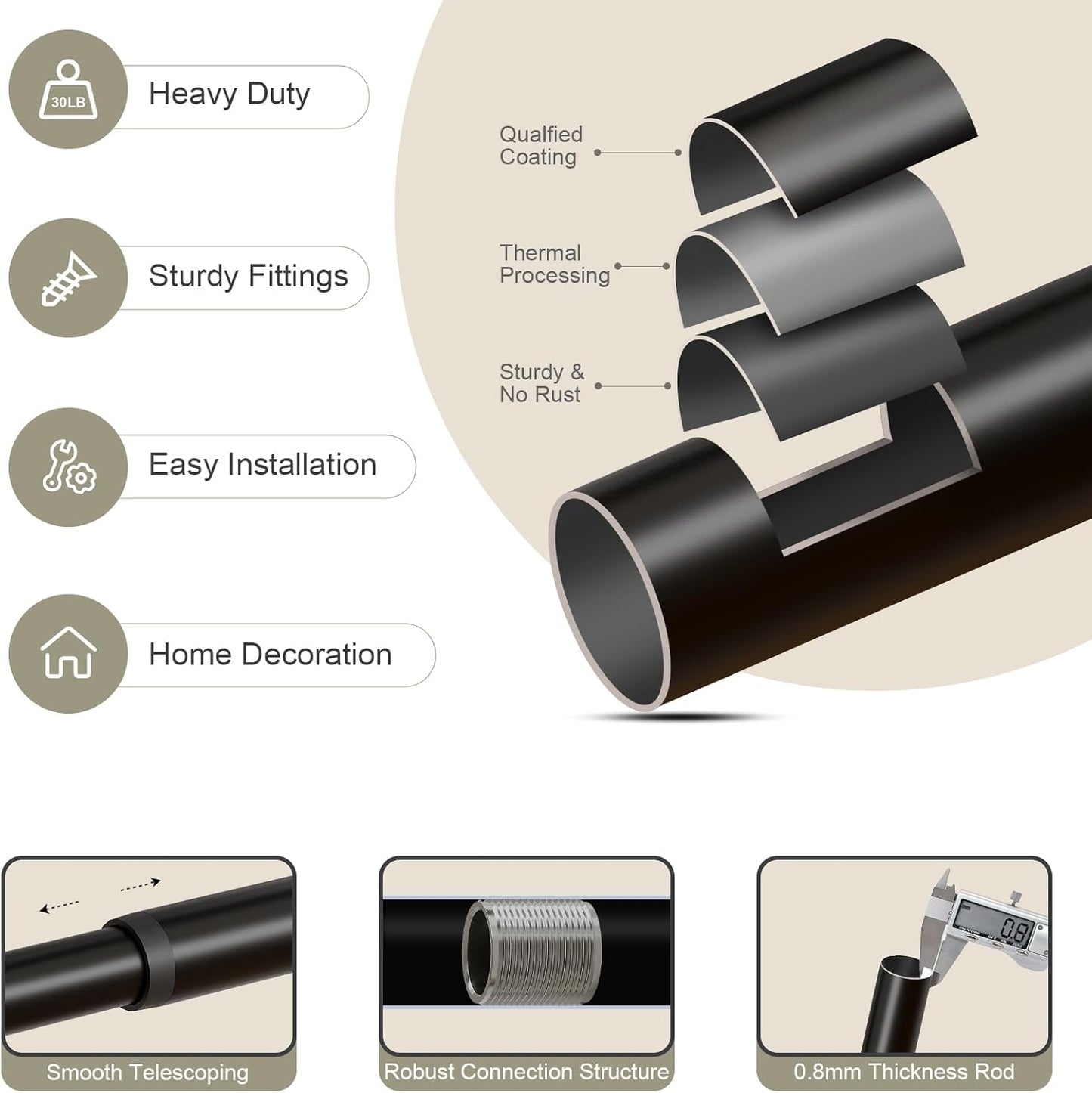 Black Curtain Rods for Windows 48 to 84 Inch, 1'' Adjustable Heavy Duty Curtain Rod，Vintage Decorative Drapery Rods with Pumpkin Finials for Bedroom Living Room