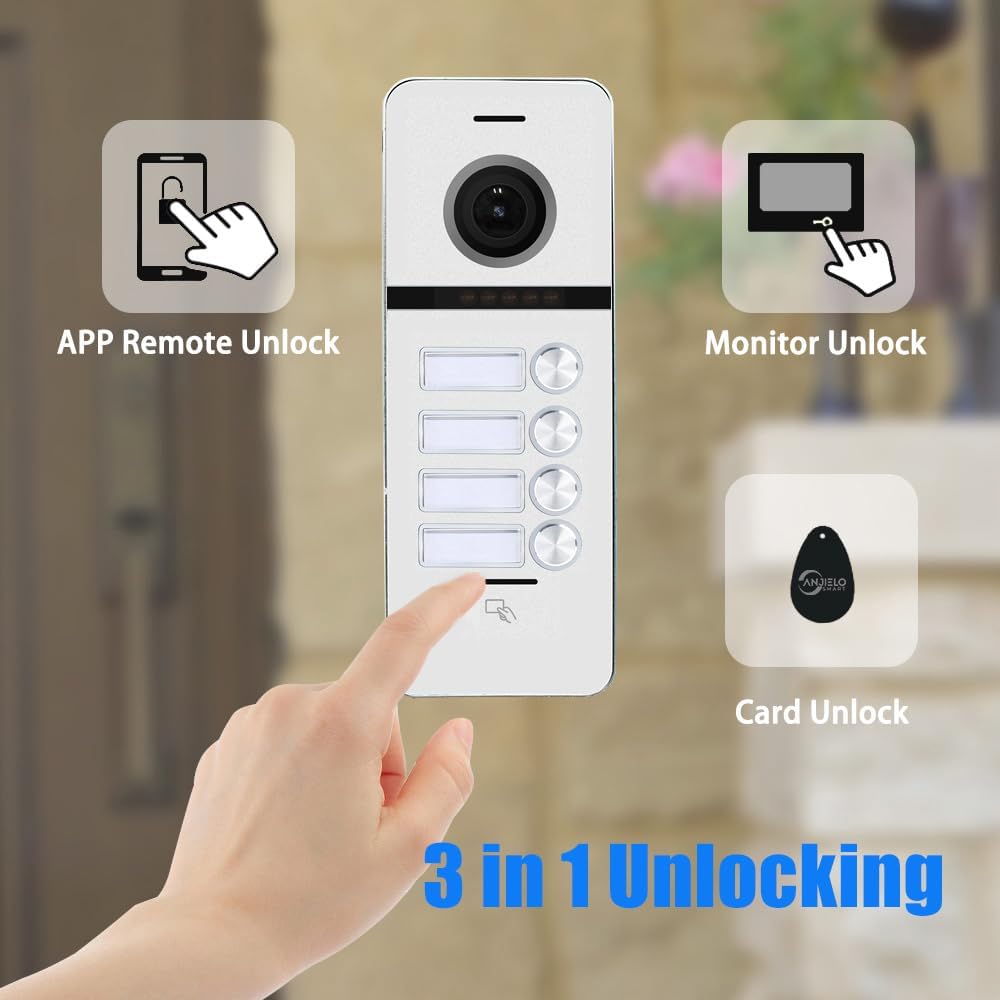 ANJIELO SMART Wired Video Doorbell Apartment Intercom System,4 Family Units 10 Inch Touch Monitor,3 in 1 Unlocking,Dual Way Intercom Motion Detection Tuya for Villa Home (1 Doorbell(w)+ 4 Monitor(b))